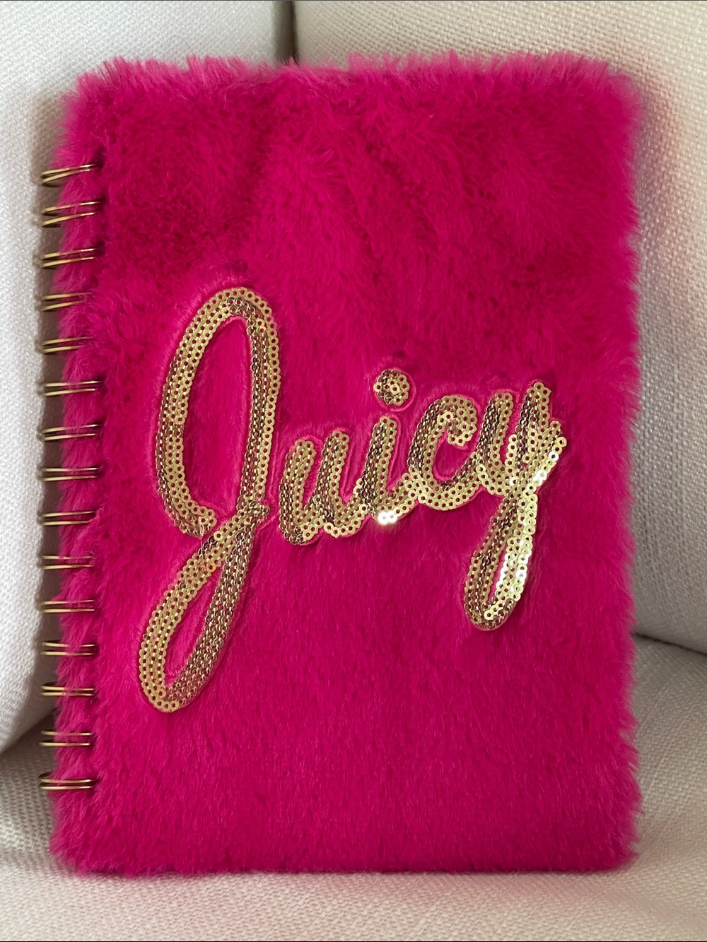 Juicy Couture Hot Pink Faux Fur Notebook with Gold Sequin Logo